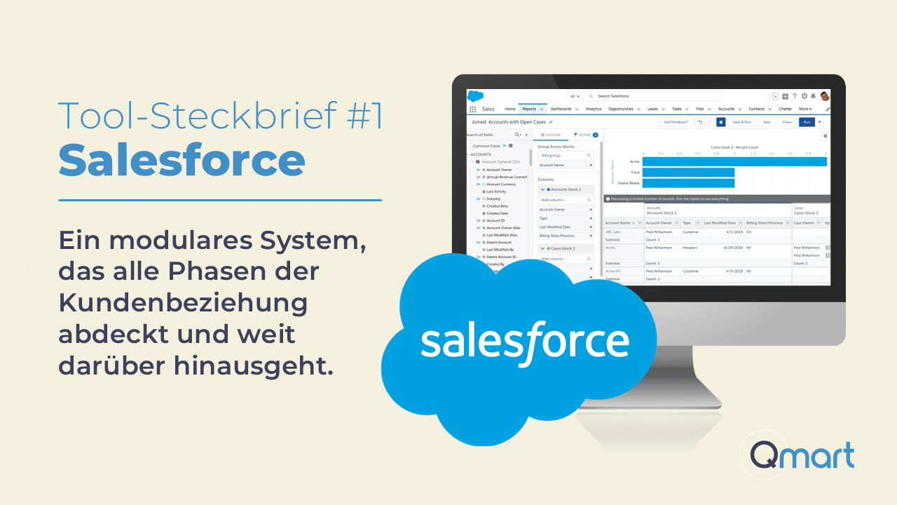 Monitor mit Salesforce-Benutzeroberfläche und Text: „Tool-Steckbrief #1 – Salesforce: Ein modulares System, das alle Phasen der Kundenbeziehung abdeckt und weit darüber hinausgeht."