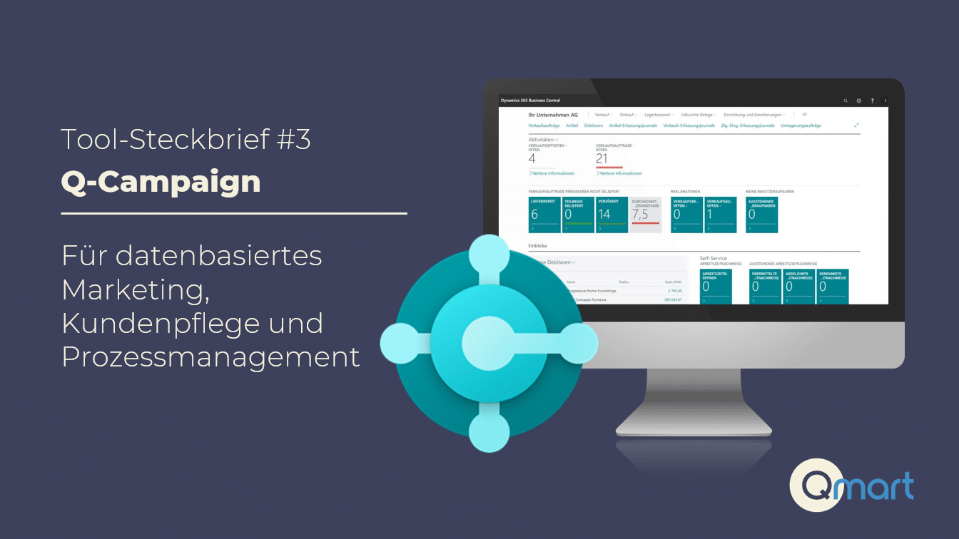 Q-Campaign Headerbild mit Microsoft Dynamics Business Central Dashboard und Qmart Logo