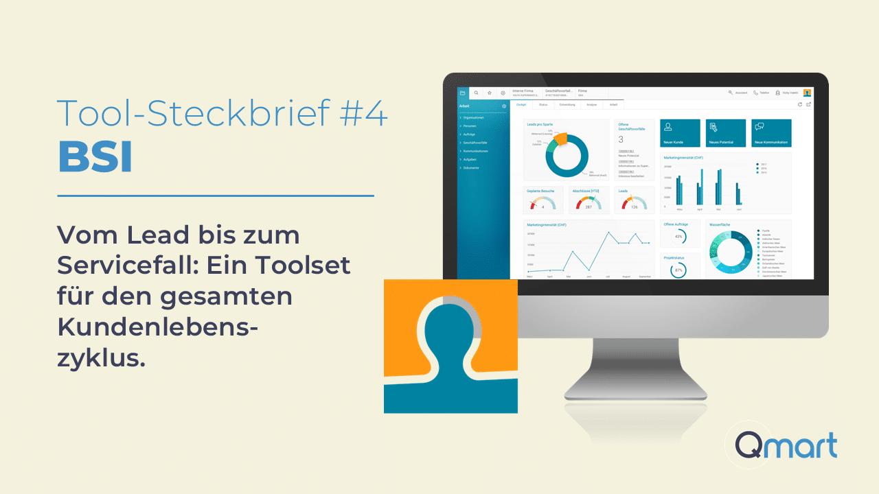 Dashboard der CRM-Software BSI mit Kennzahlen und Diagrammen auf einem Computerbildschirm