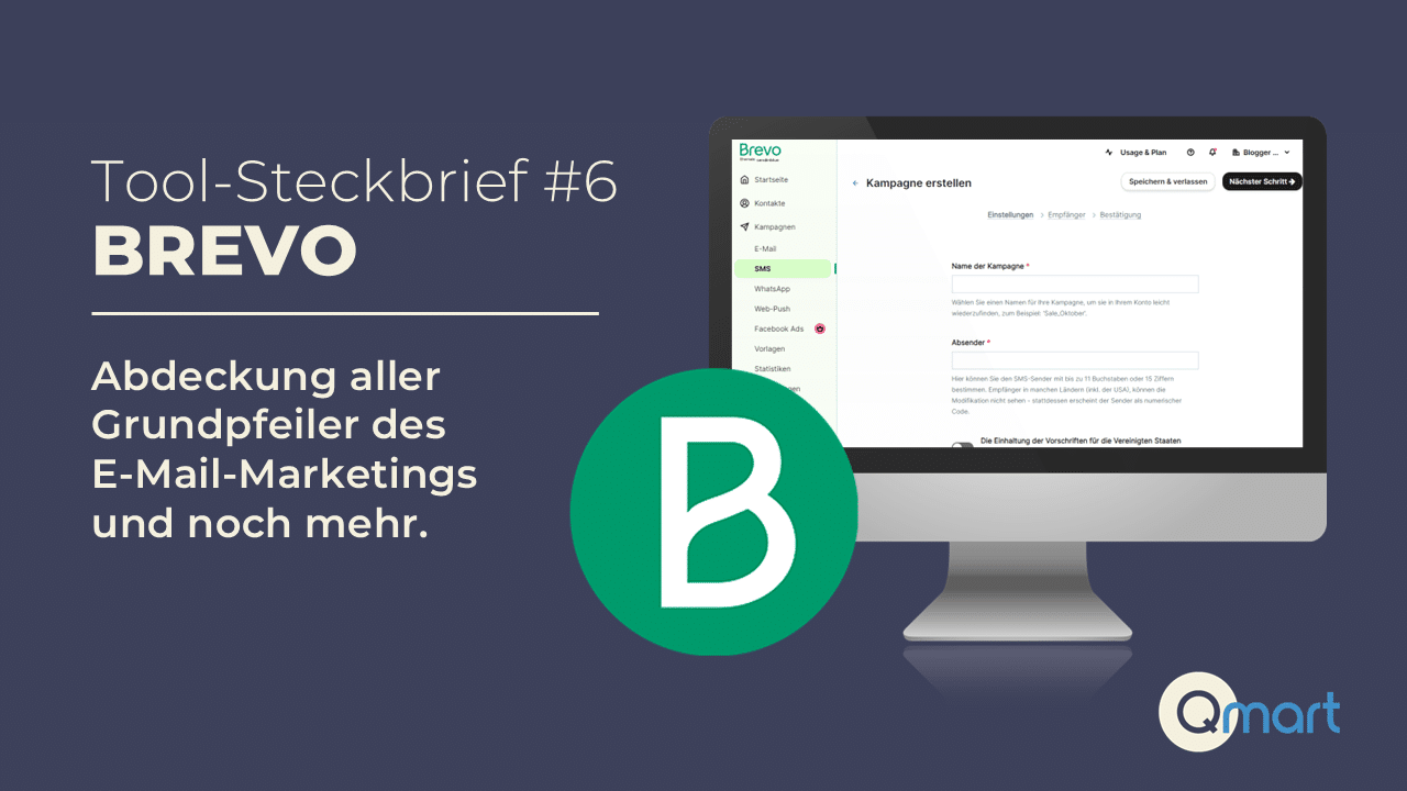 Data Lovers Tool-Steckbrief Brevo mit Bildschirmansicht einer Brevo-Kampagnenerstellung und Brevo-Logo.