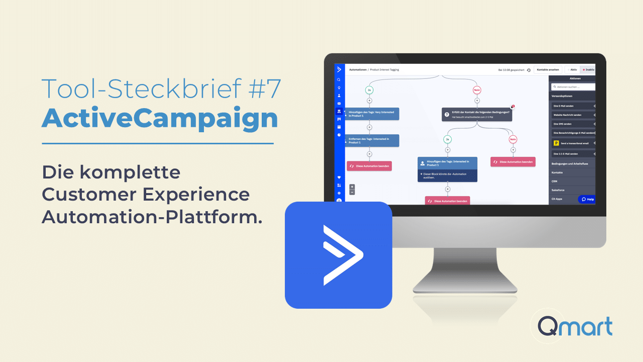 Data Lovers Tool-Steckbrief ActiveCampaign mit Screenshot der Automation-Oberfläche und Qmart Branding